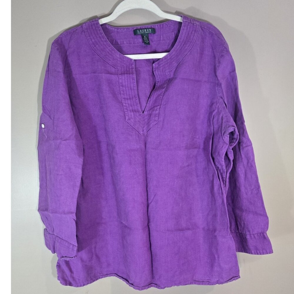 Vtg Lauren Ralph 100% Linen Purple Long Tab Sleeve Sz 1X